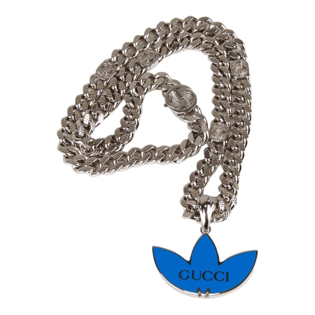 Adidas x Gucci gourmette necklace with Trefoil pendant in palladium tone metal