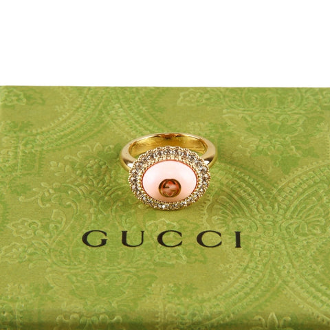 Authentic Gucci Lion Head Motif Crystal Ring In Gold Green