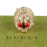 Authentic Gucci Lion Head Motif Crystal Ring In Gold Red