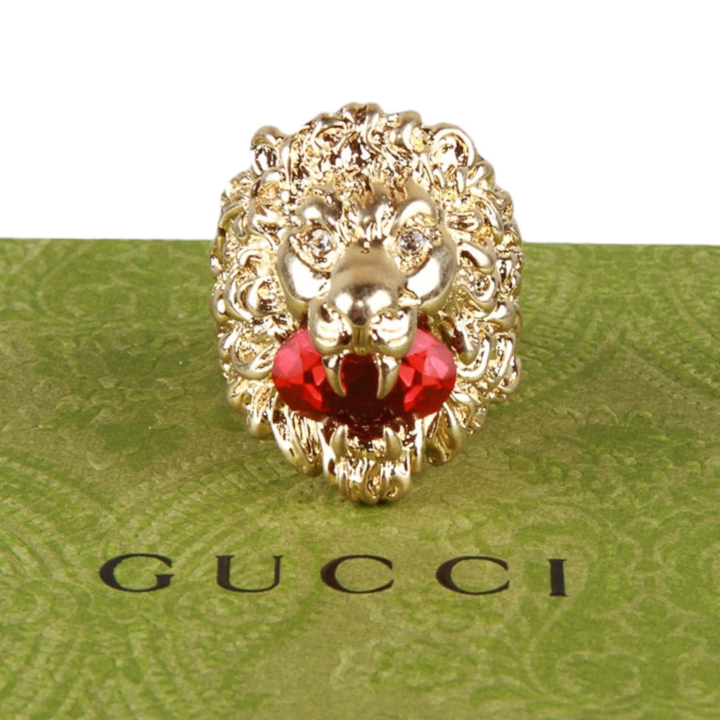 Authentic Gucci Lion Head Motif Crystal Ring In Gold Red