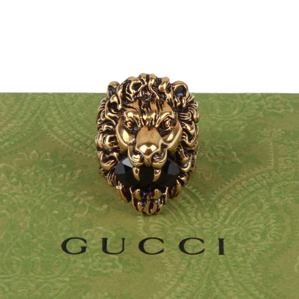 Authentic Gucci Lion Head Motif Crystal Ring In Gold Black