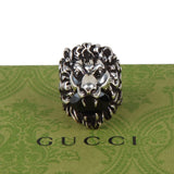 Authentic Gucci Lion Head Motif Crystal Ring In Silver & Black