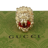 Authentic Gucci Lion Head Motif Crystal Ring In Gold & Red