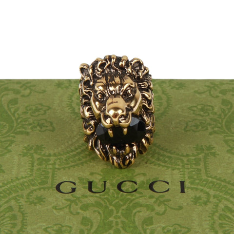 Authentic Gucci Lion Head Motif Crystal Ring In Gold & Red