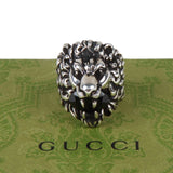 Authentic Gucci Lion Head Motif Crystal Ring In Silver & Black