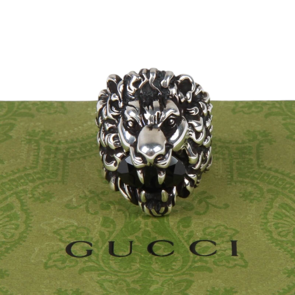 Authentic Gucci Lion Head Motif Crystal Ring In Silver & Black