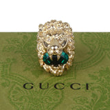 Authentic Gucci Lion Head Motif Crystal Ring In Gold & Green