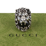 Authentic Gucci Lion Head Motif Crystal Ring In Silver & Black