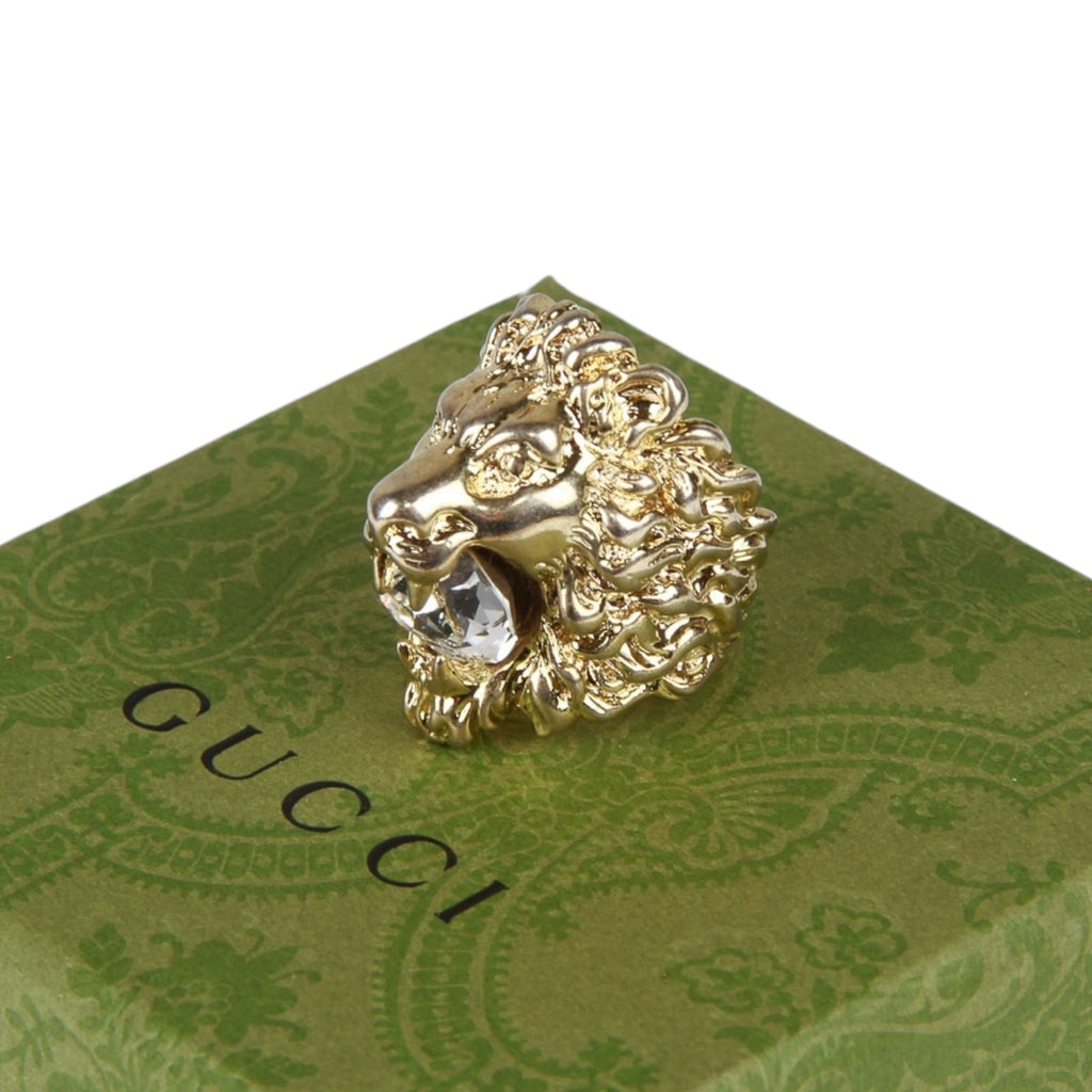 Authentic Gucci Lion Head Motif Crystal Ring In Gold