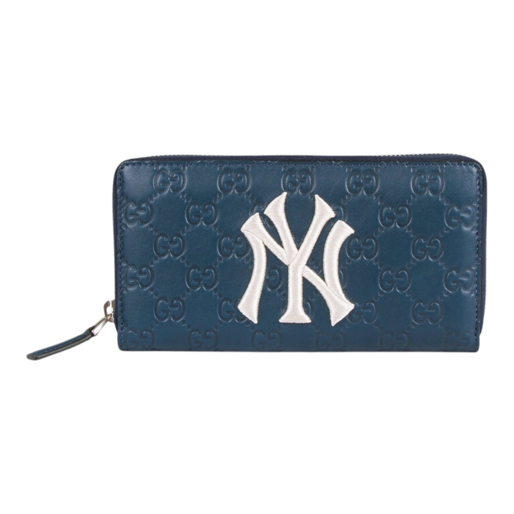 Authentic Gucci  X MLB Guccissima NY Yankees Embroidered Zip Around Wallet