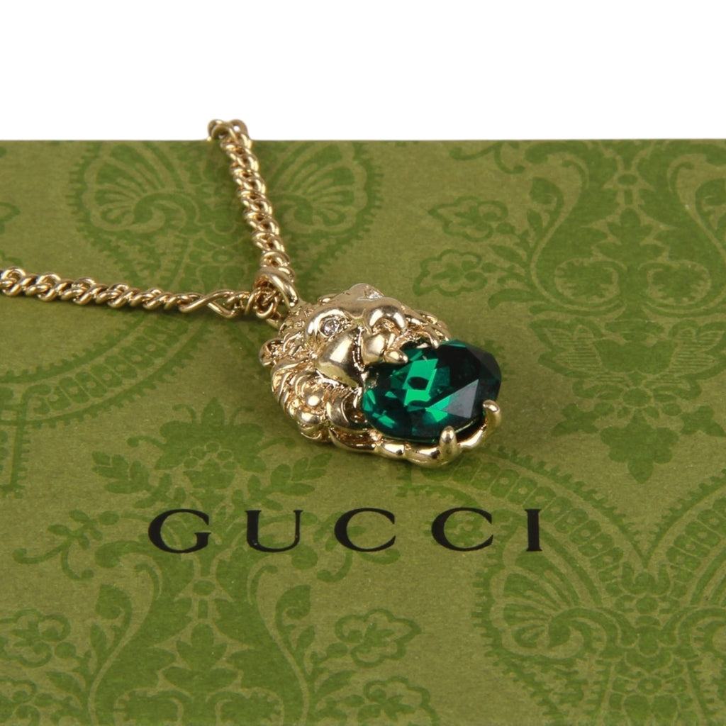 Authentic Gucci Lion Head Motif Green Gemstone necklace