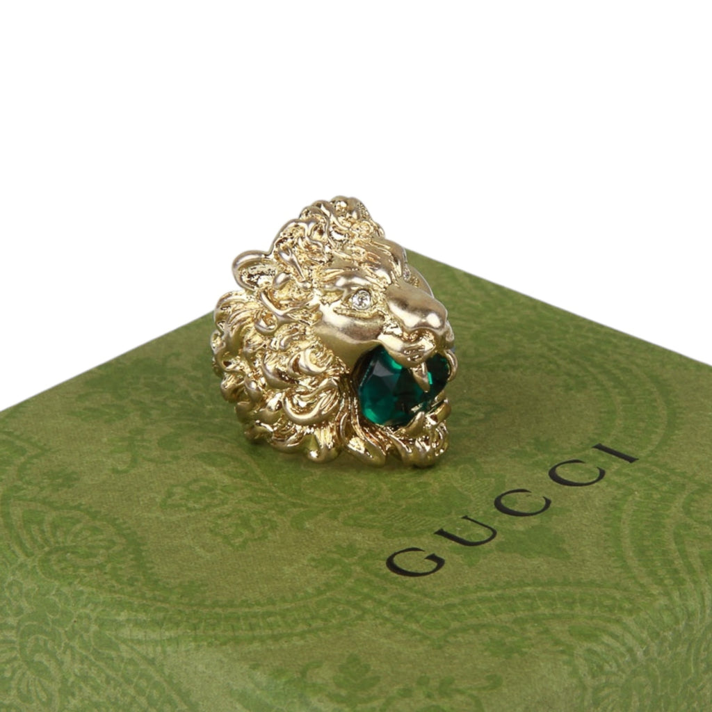 Authentic Gucci Lion Head Motif Crystal Ring In Gold Green