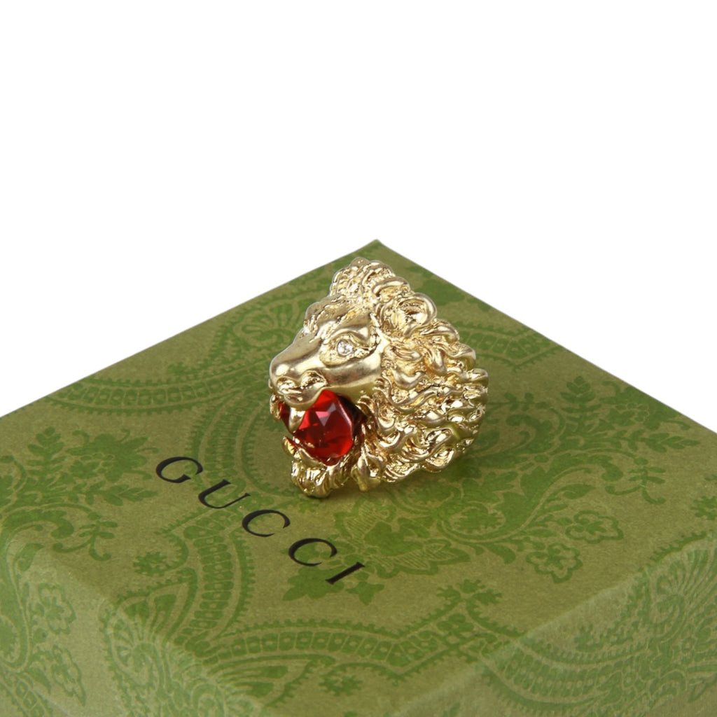 Authentic Gucci Lion Head Motif Crystal Ring In Gold & Red