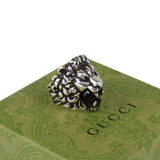 Authentic Gucci Lion Head Motif Crystal Ring In Silver & Black