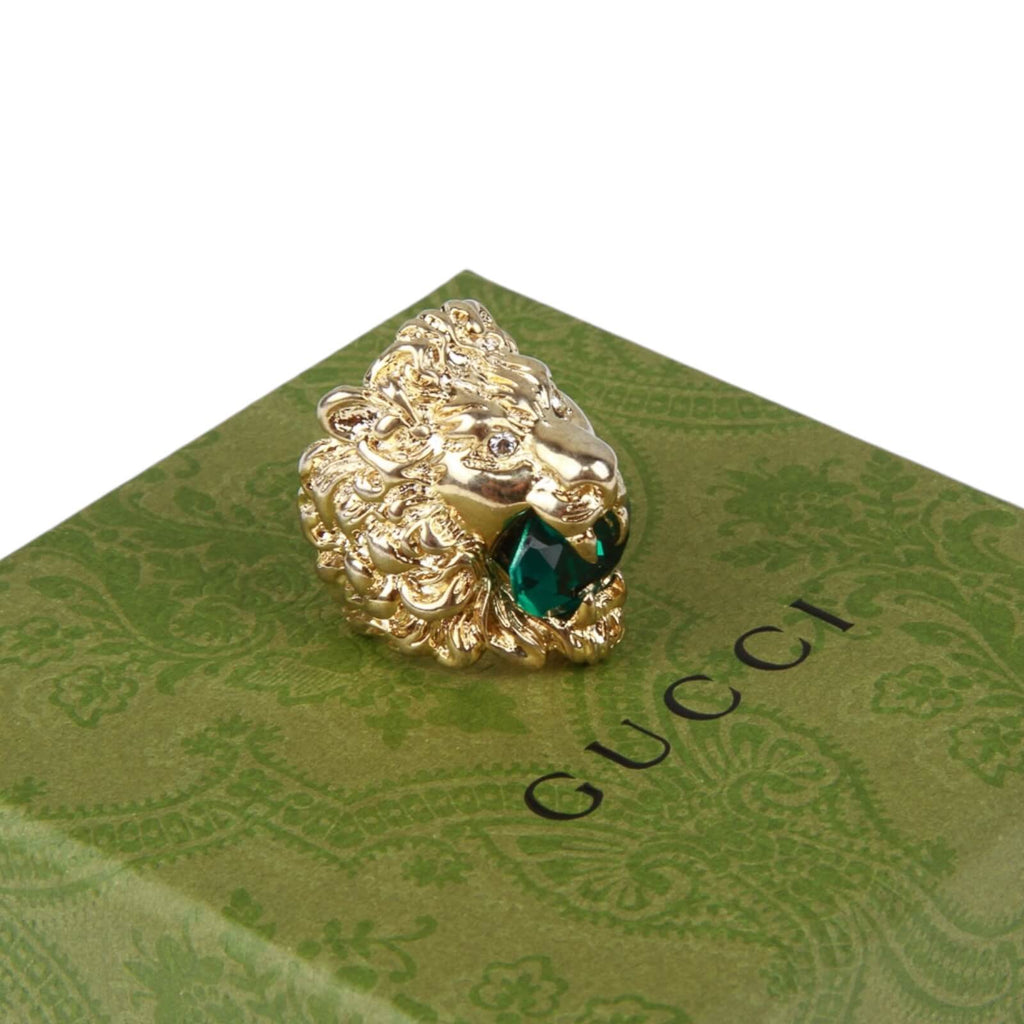 Authentic Gucci Lion Head Motif Crystal Ring In Gold & Green