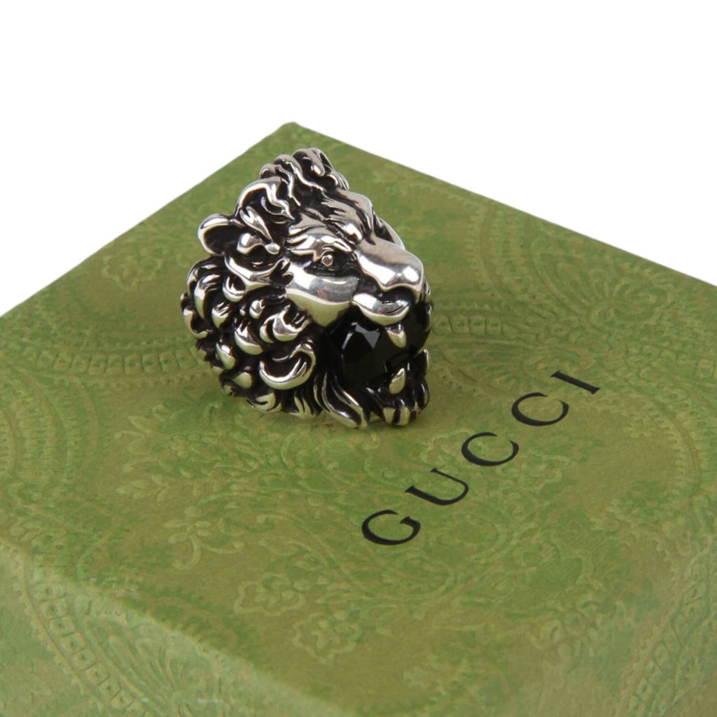 Authentic Gucci Lion Head Motif Crystal Ring In Silver & Black