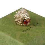 Authentic Gucci Lion Head Motif Crystal Ring In Gold & Red