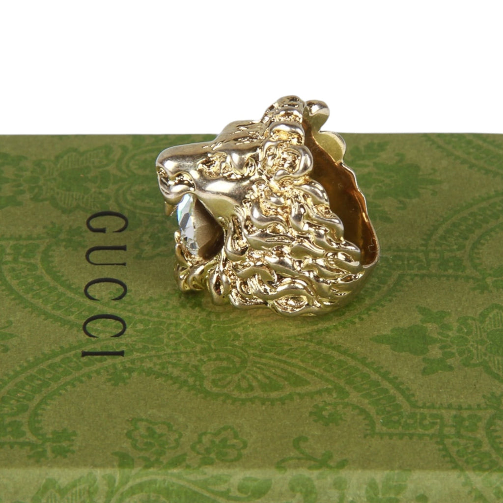 Authentic Gucci Lion Head Motif Crystal Ring In Gold