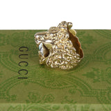 Authentic Gucci Lion Head Motif Crystal Ring In Gold