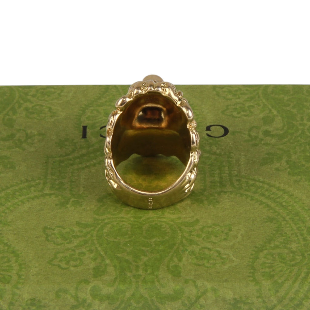 Authentic Gucci Lion Head Motif Crystal Ring In Gold & Green