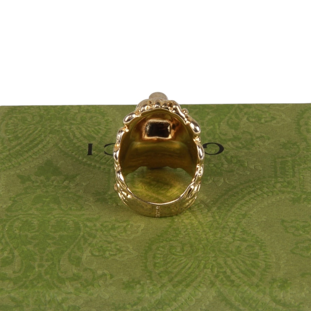 Authentic Gucci Lion Head Motif Crystal Ring In Gold