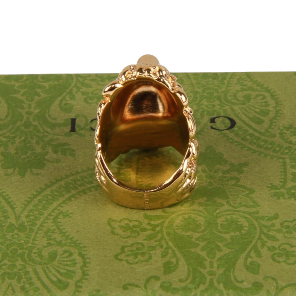 Authentic Gucci Lion Head Motif Gemstone Ring In Gold & Green