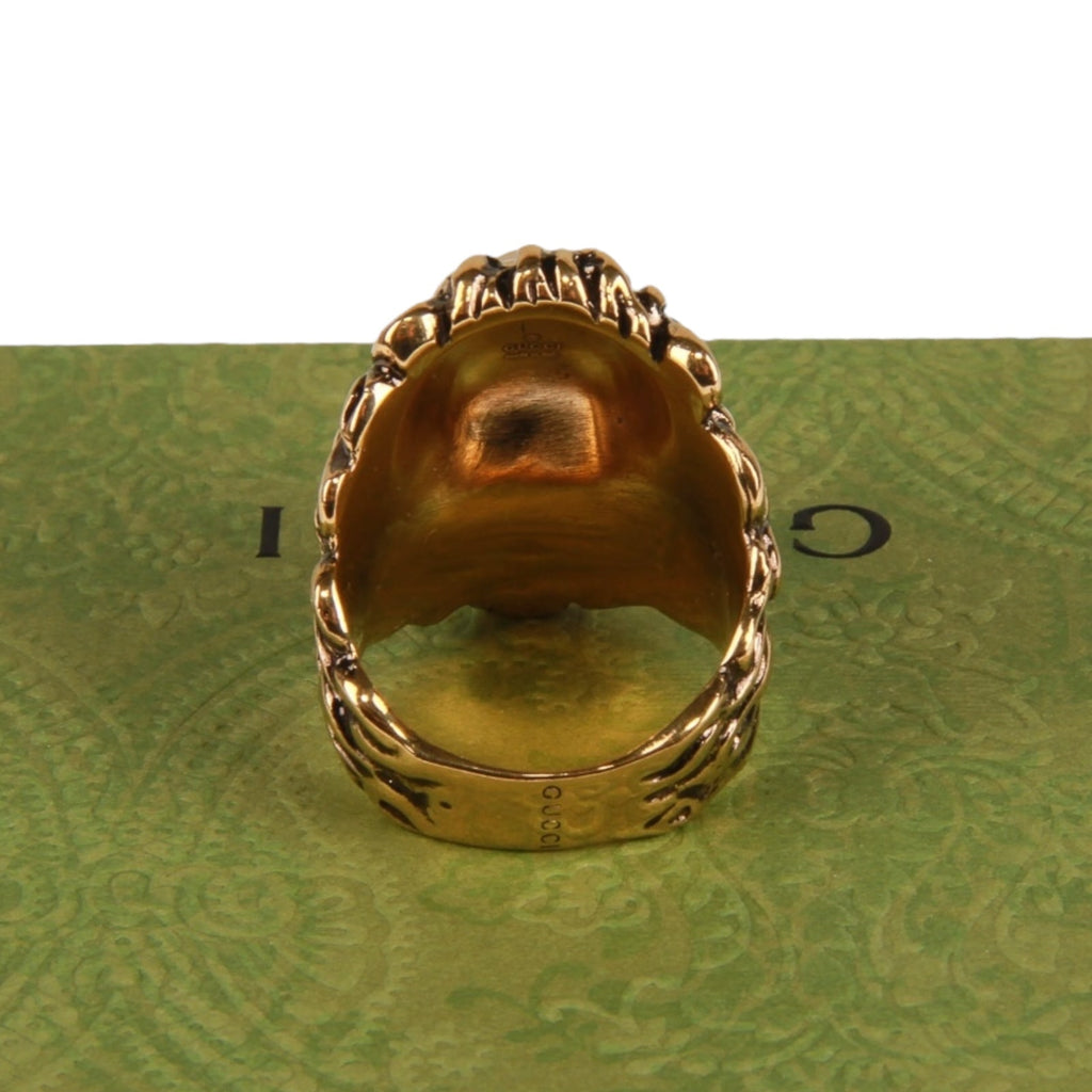 Authentic Gucci Lion Head Motif Crystal Ring In Gold & Black