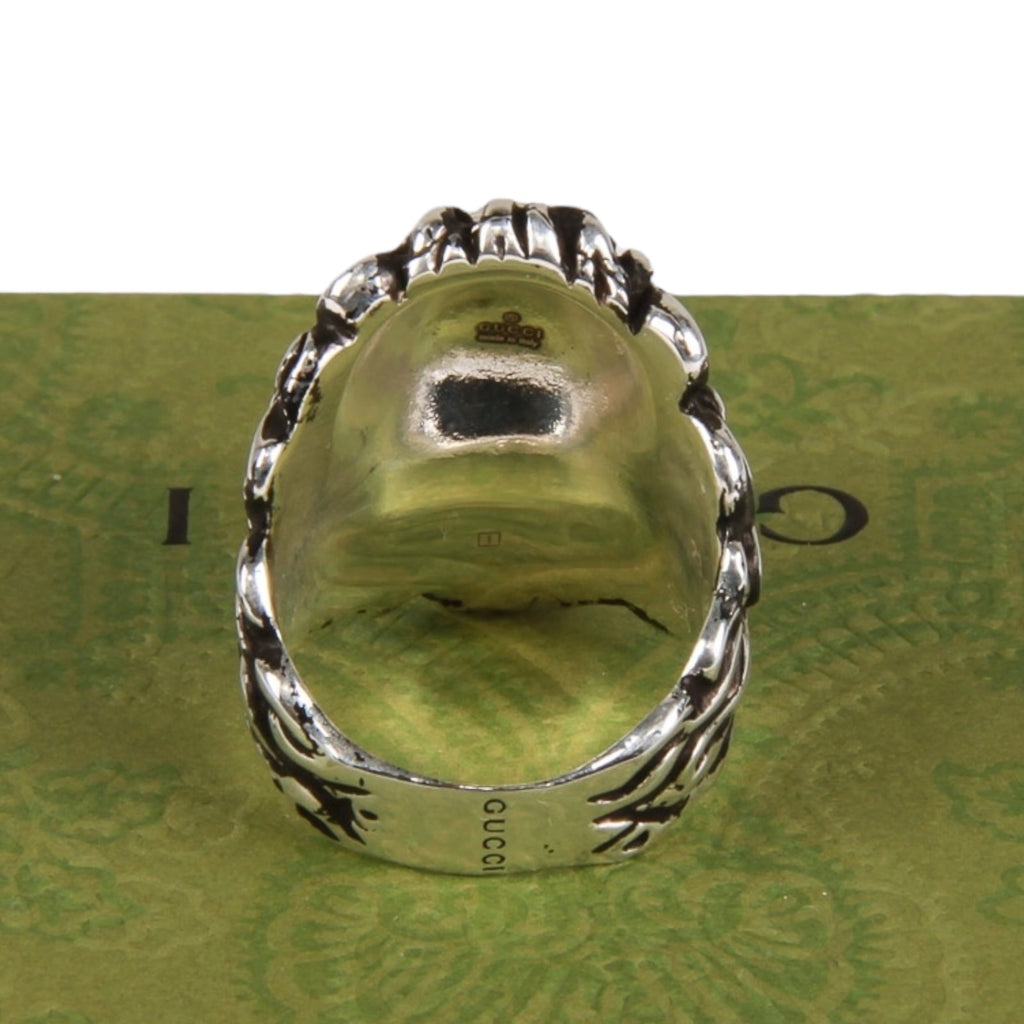 Authentic Gucci Lion Head Motif Crystal Ring In Silver & Black