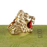 Authentic Gucci Lion Head Motif Crystal Ring In Gold Red