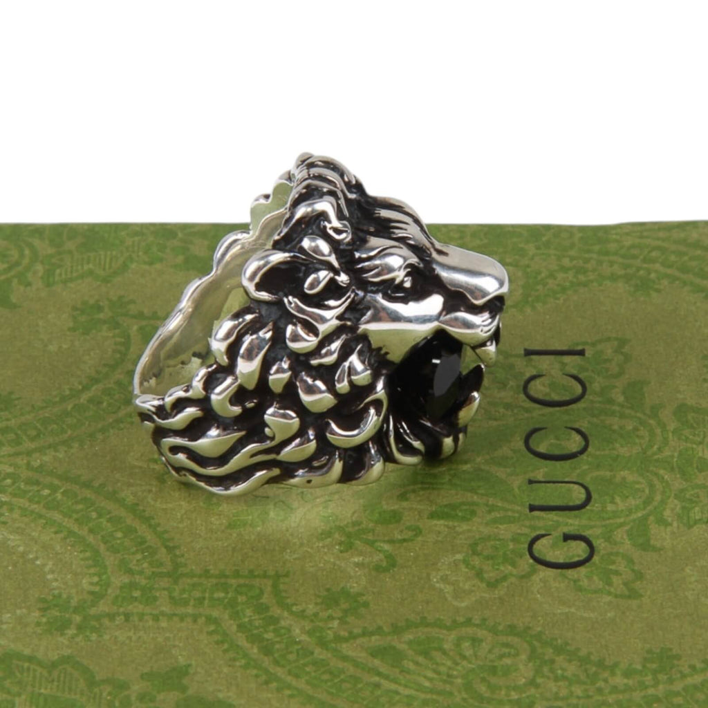 Authentic Gucci Lion Head Motif Crystal Ring In Silver & Black