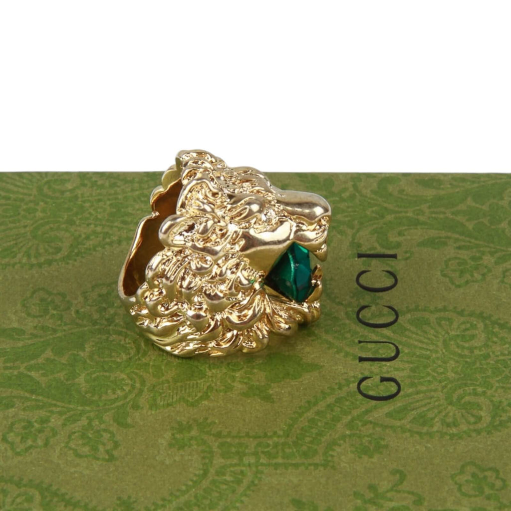 Authentic Gucci Lion Head Motif Crystal Ring In Gold & Green