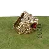 Authentic Gucci Lion Head Motif Crystal Ring In Gold & Red