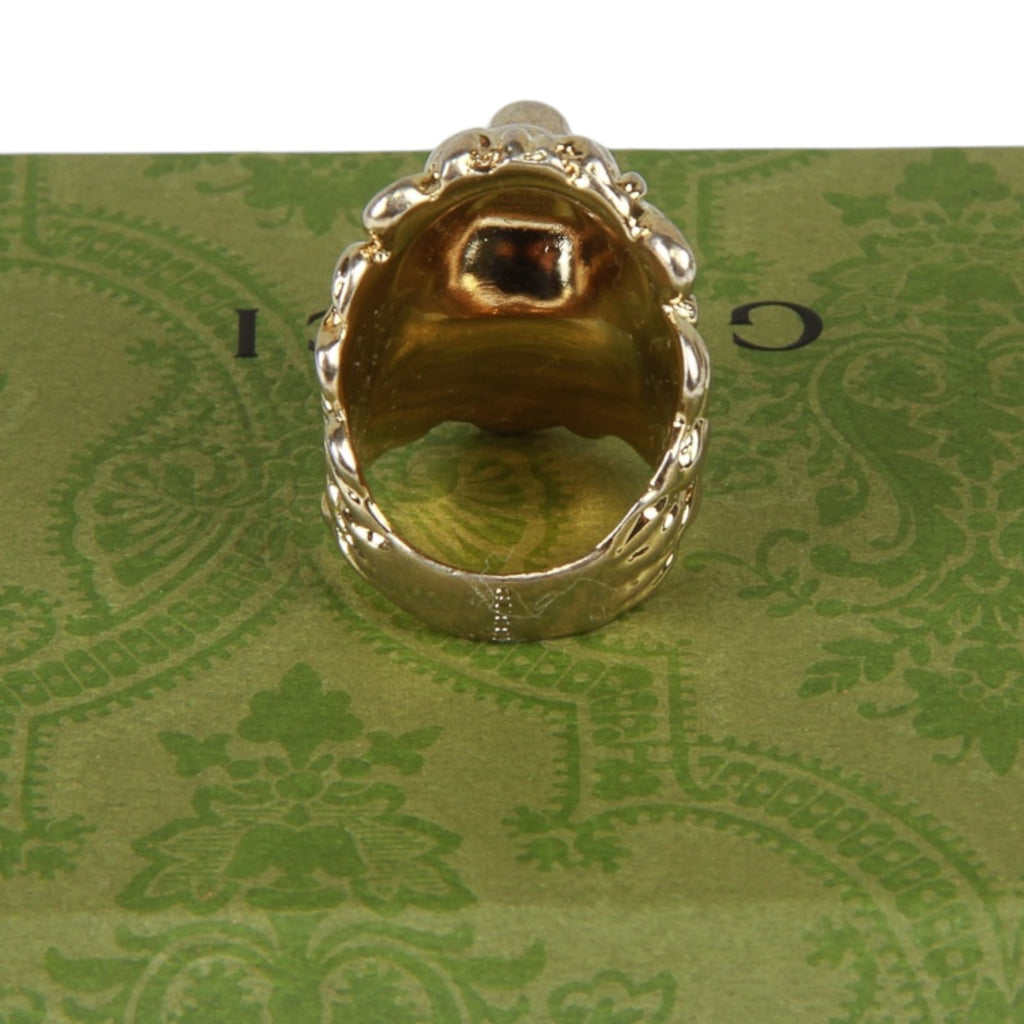 Authentic Gucci Lion Head Motif Crystal Ring In Gold