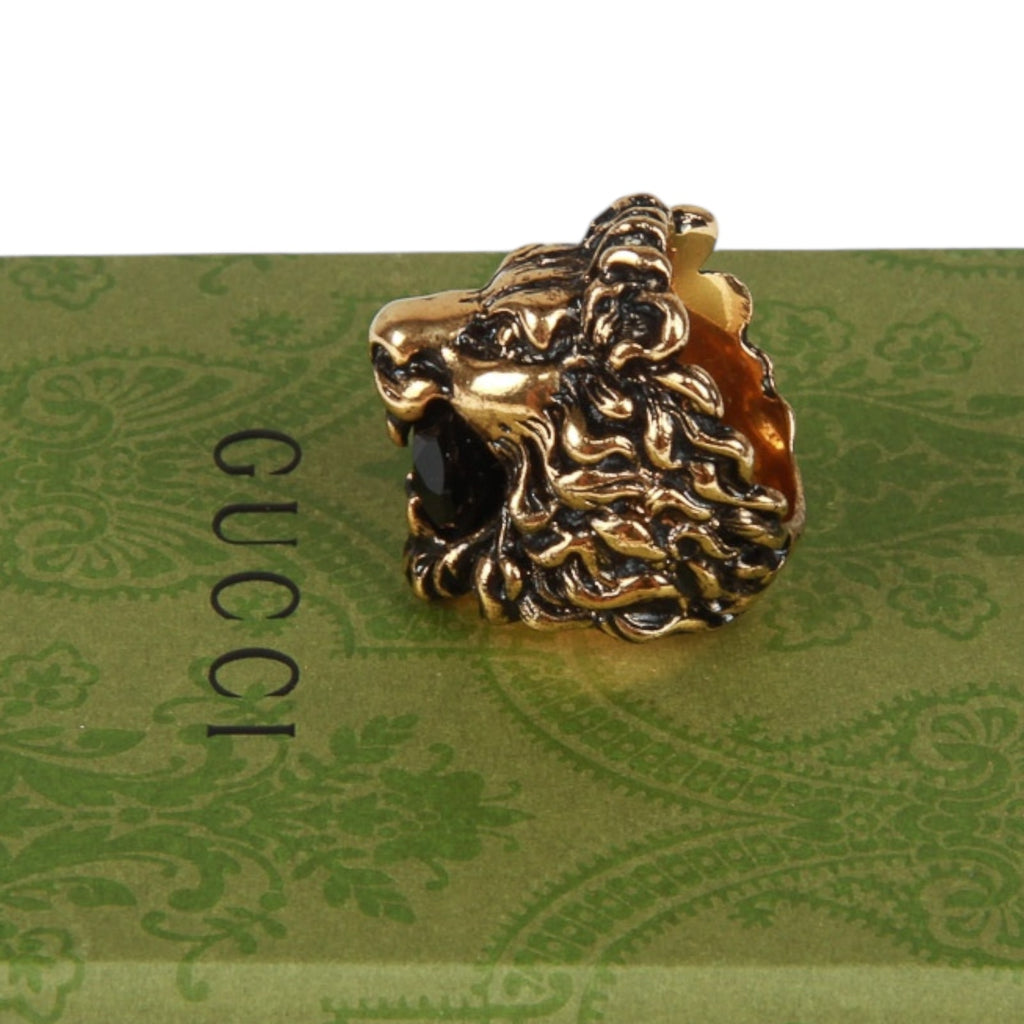 Authentic Gucci Lion Head Motif Crystal Ring In Gold & Black