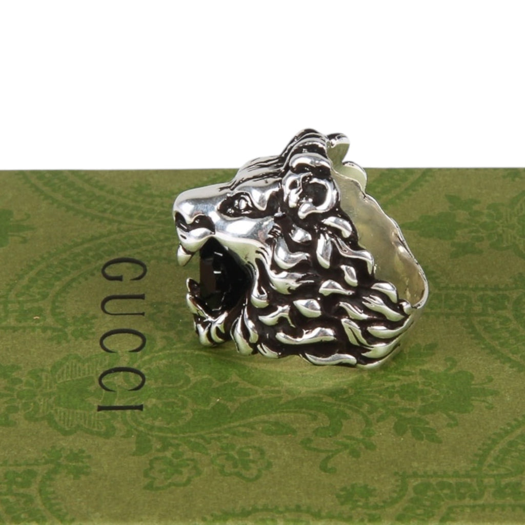 Authentic Gucci Lion Head Motif Crystal Ring In Silver & Black