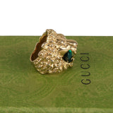 Authentic Gucci Lion Head Motif Crystal Ring In Gold & Green