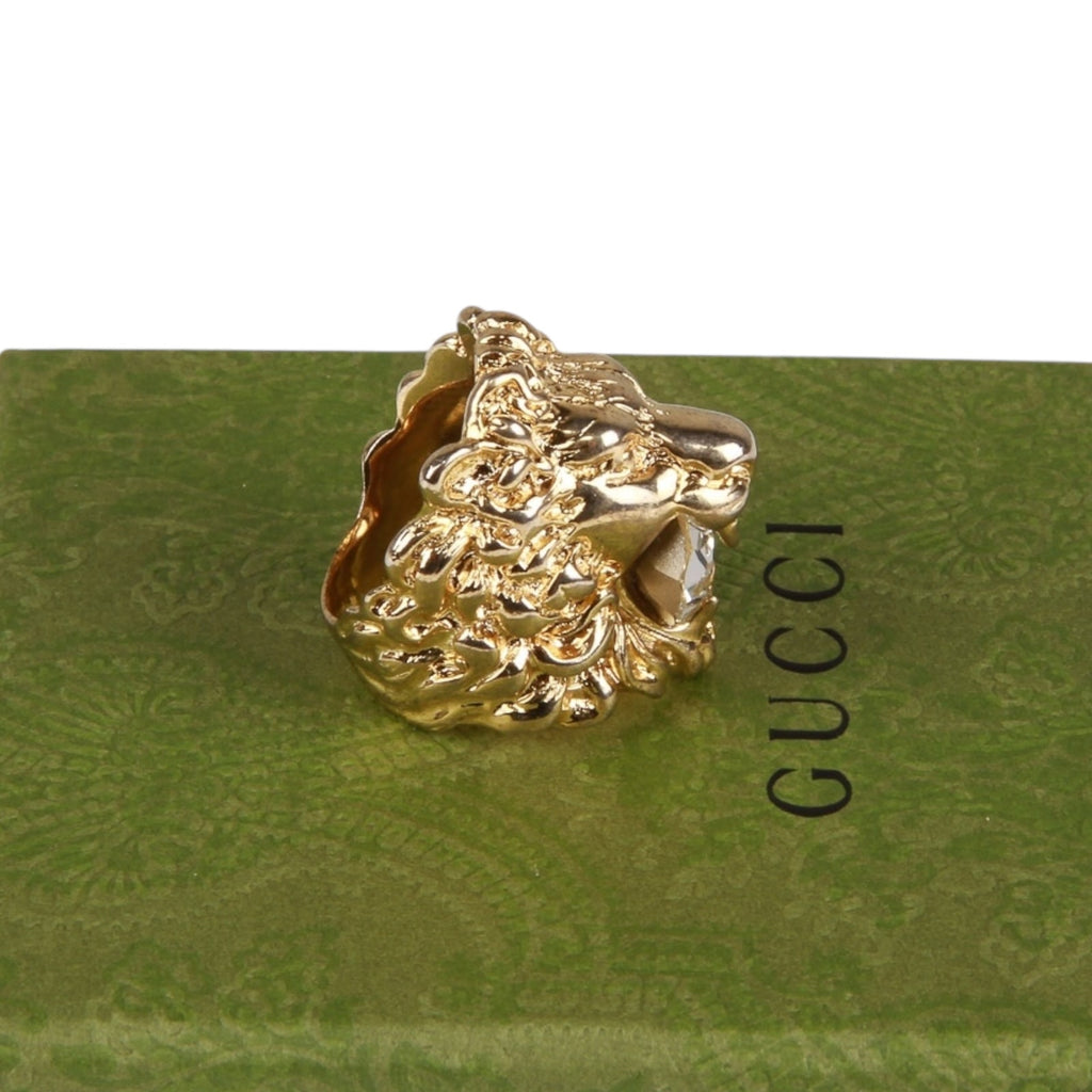 Authentic Gucci Lion Head Motif Crystal Ring In Gold