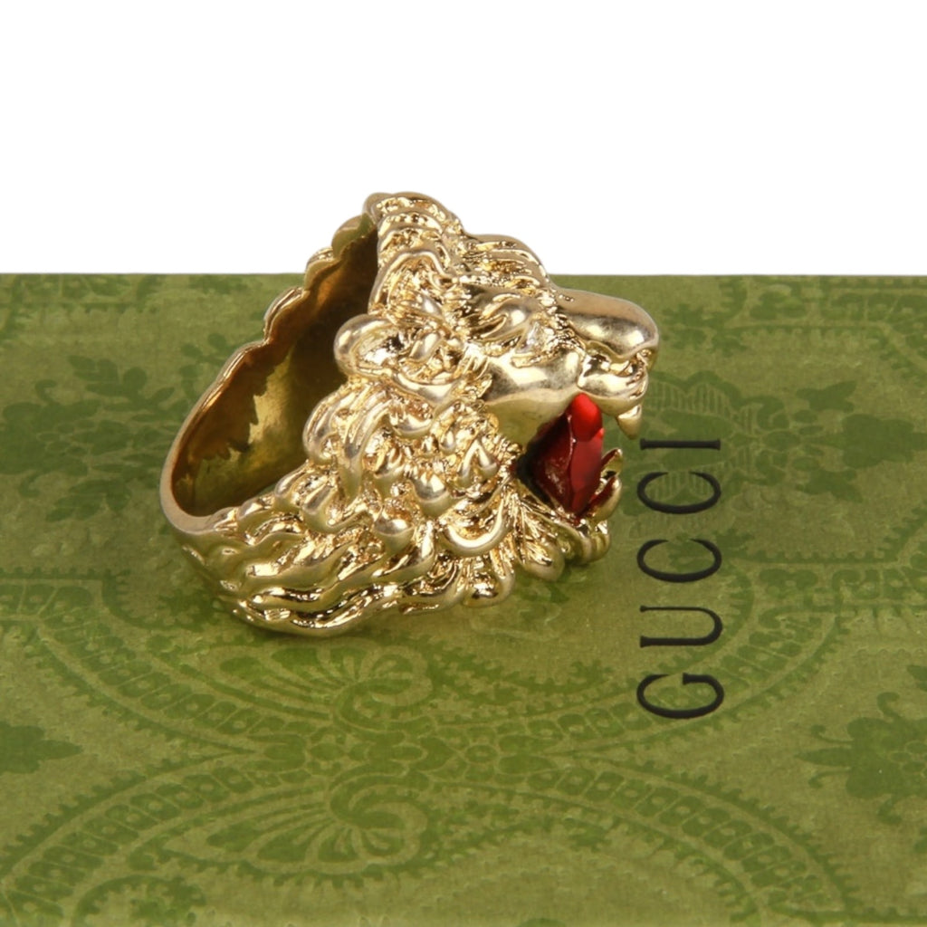 Authentic Gucci Lion Head Motif Crystal Ring In Gold & Red