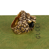 Authentic Gucci Lion Head Motif Crystal Ring In Gold & Black