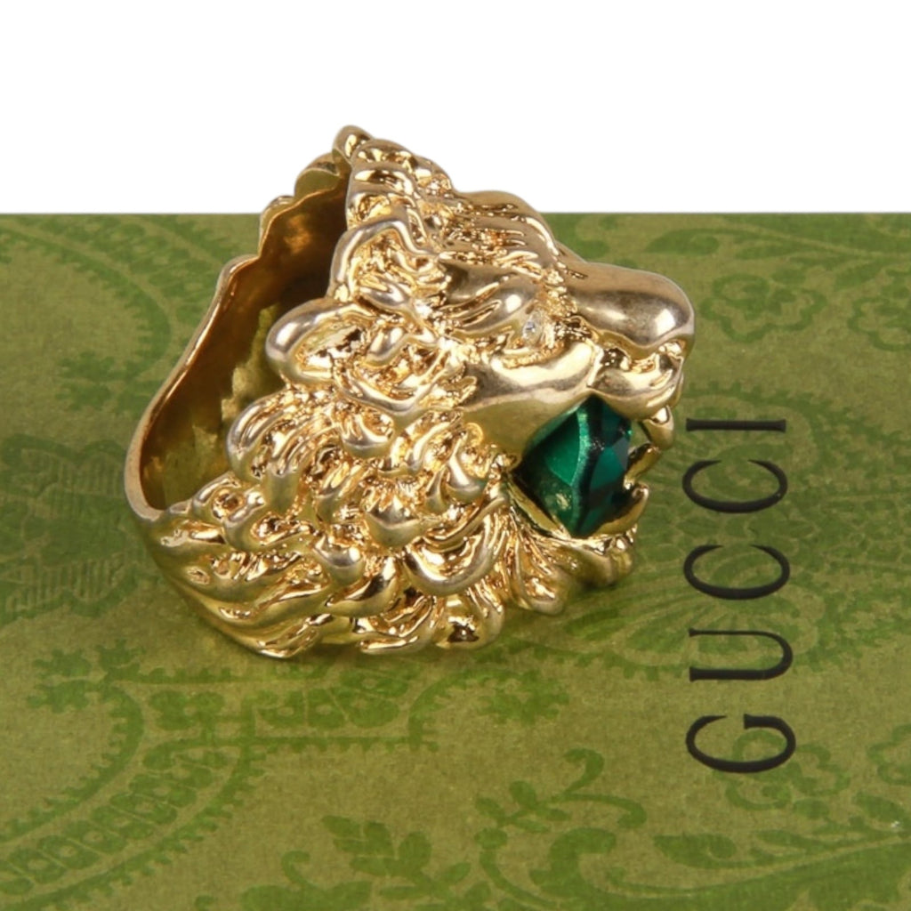 Authentic Gucci Lion Head Motif Gemstone Ring In Gold & Green