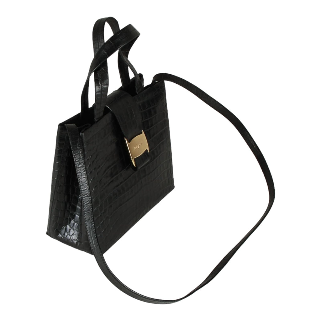 Authentic Salvatore Ferragamo black croc embossed two way bag