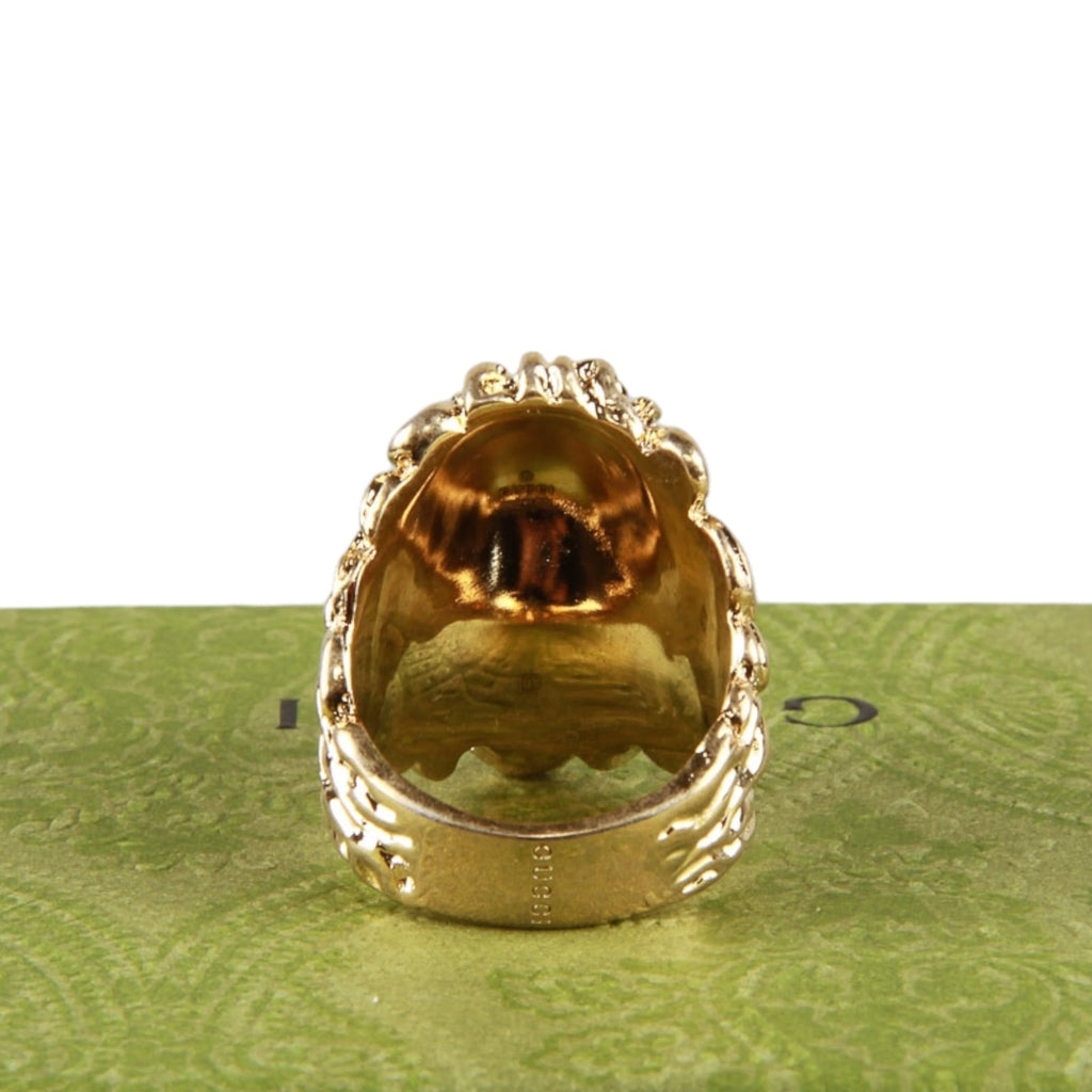 Authentic Gucci Lion Head Motif Crystal Ring In Gold Red