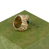 Authentic Gucci Lion Head Motif Crystal Ring In Gold & Green