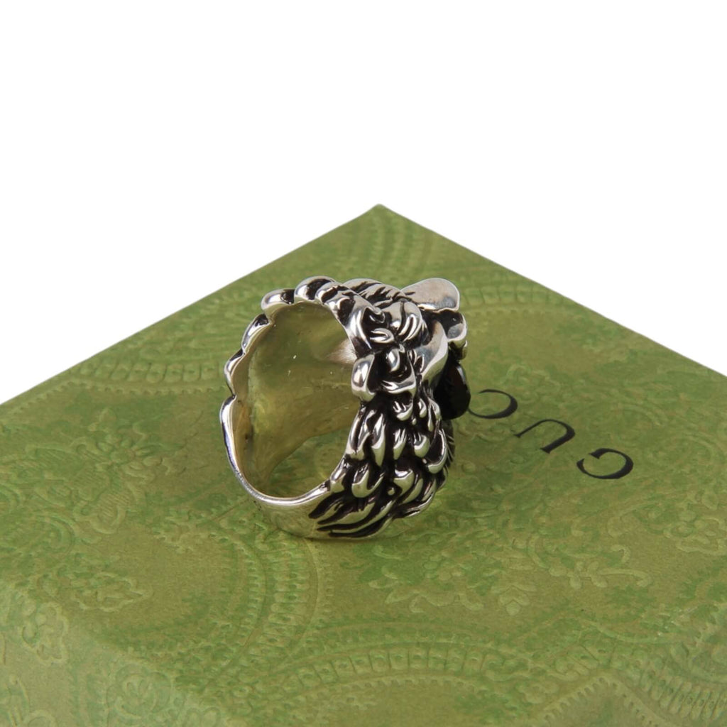 Authentic Gucci Lion Head Motif Crystal Ring In Silver & Black