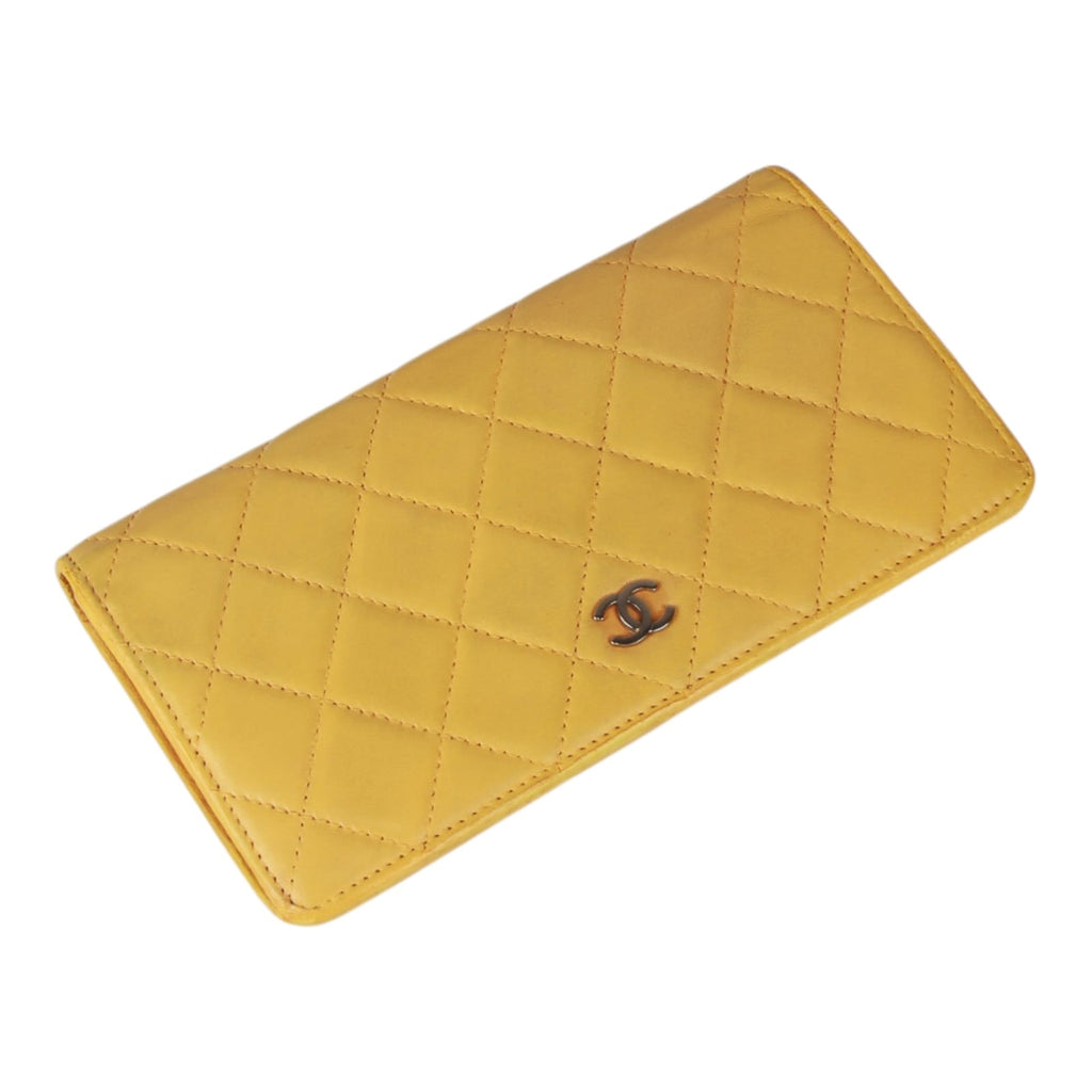 Authentic Chanel Yellow Quilted Leather CC Classic Bifold Long Wallet