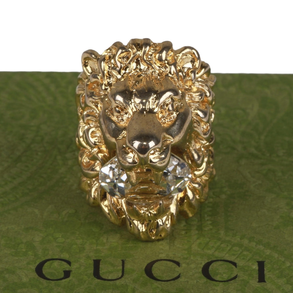 Authentic Gucci Lion Head Motif Crystal Ring In Gold