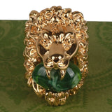 Authentic Gucci Lion Head Motif Gemstone Ring In Gold & Green