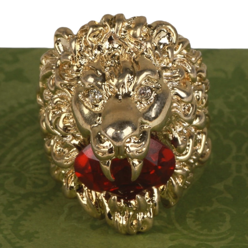 Authentic Gucci Lion Head Motif Crystal Ring In Gold & Red