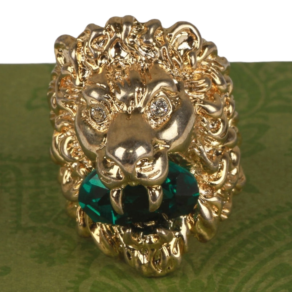 Authentic Gucci Lion Head Motif Gemstone Ring In Gold & Green