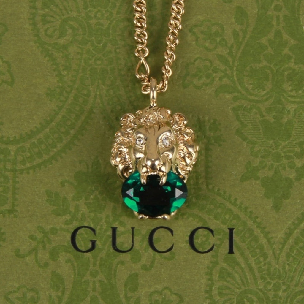 Authentic Gucci Lion Head Motif Green Gemstone necklace